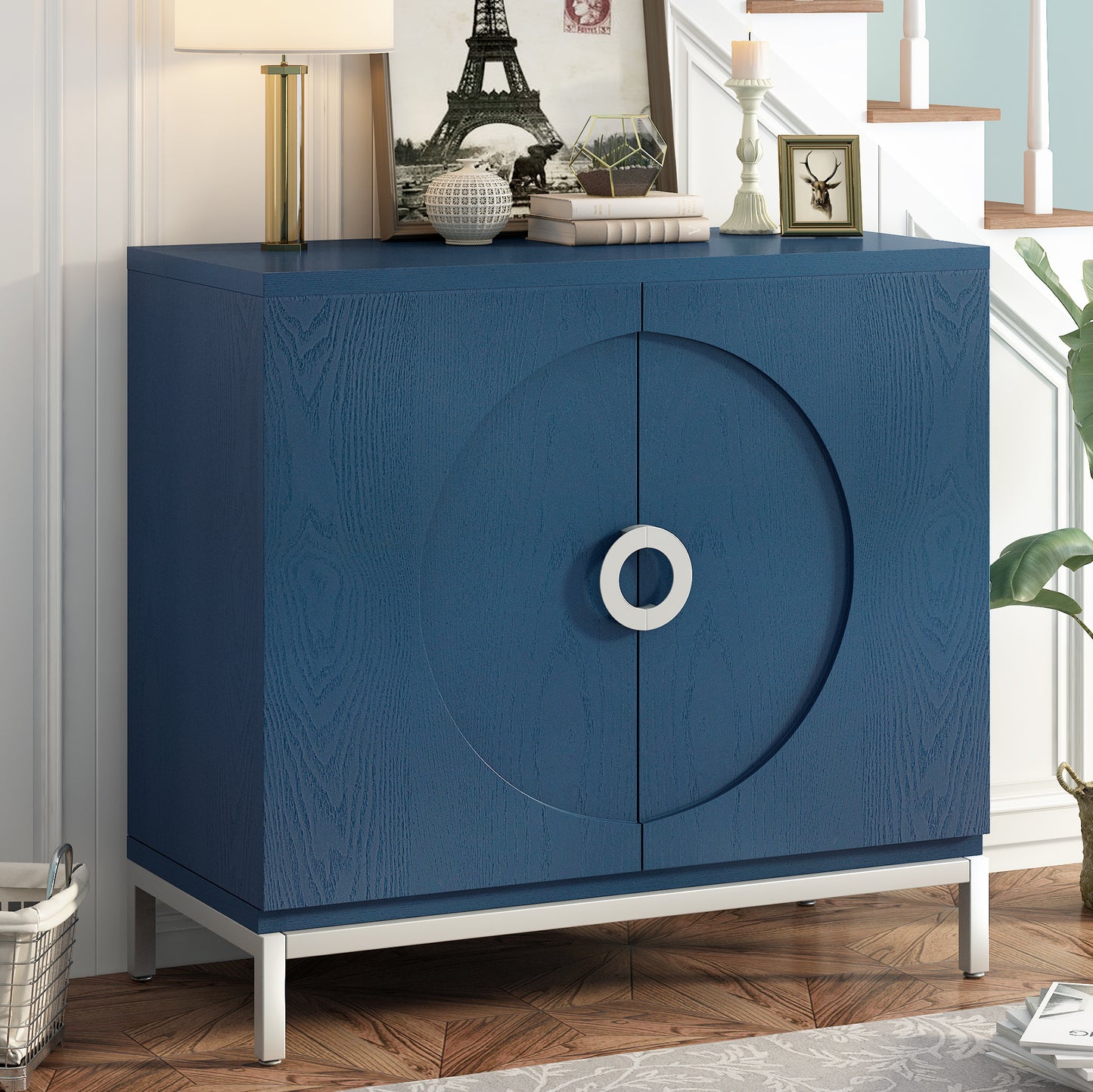 Accent Storage Cabinet with Solid Wood Veneer and Metal Leg (Navy)