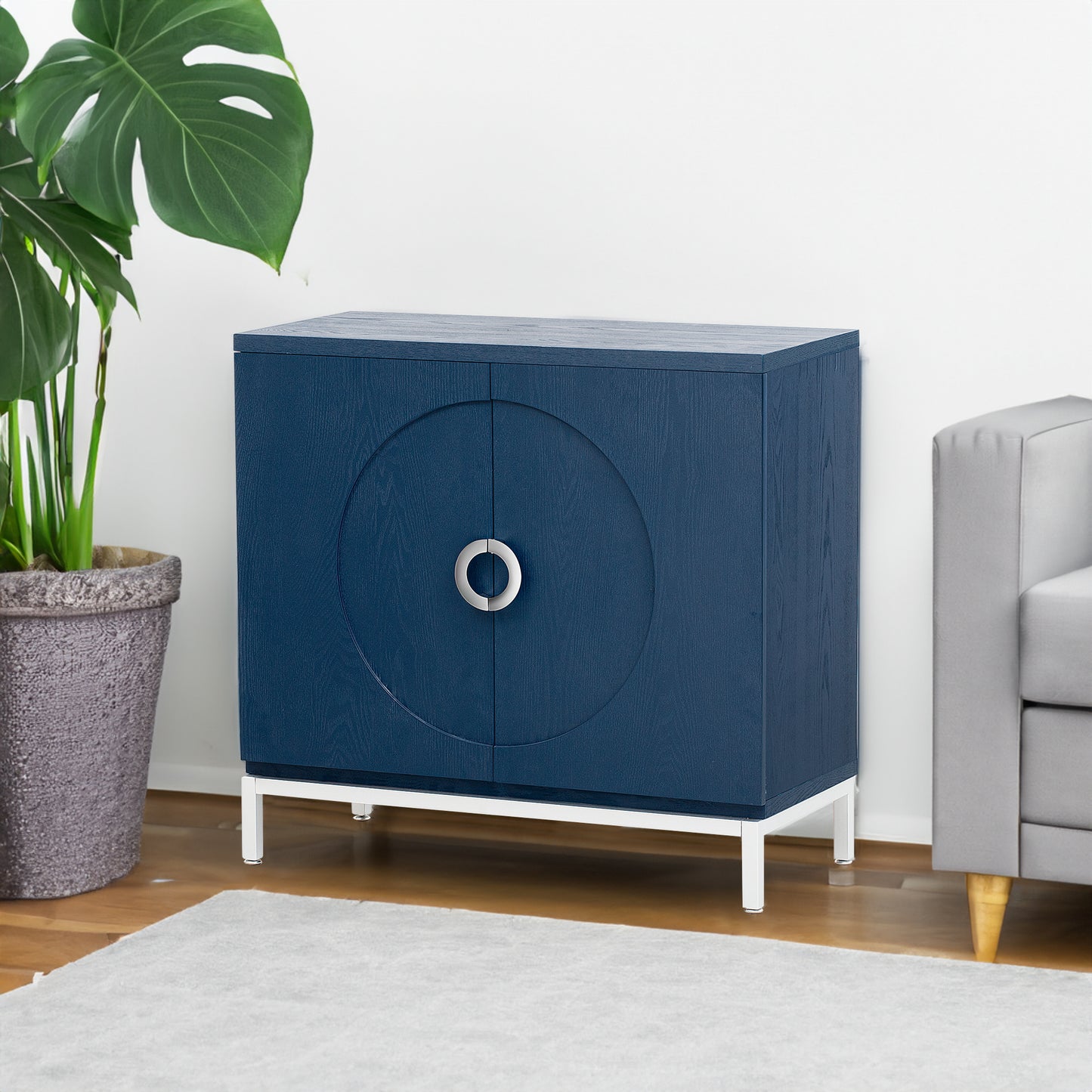 Accent Storage Cabinet with Solid Wood Veneer and Metal Leg (Navy)