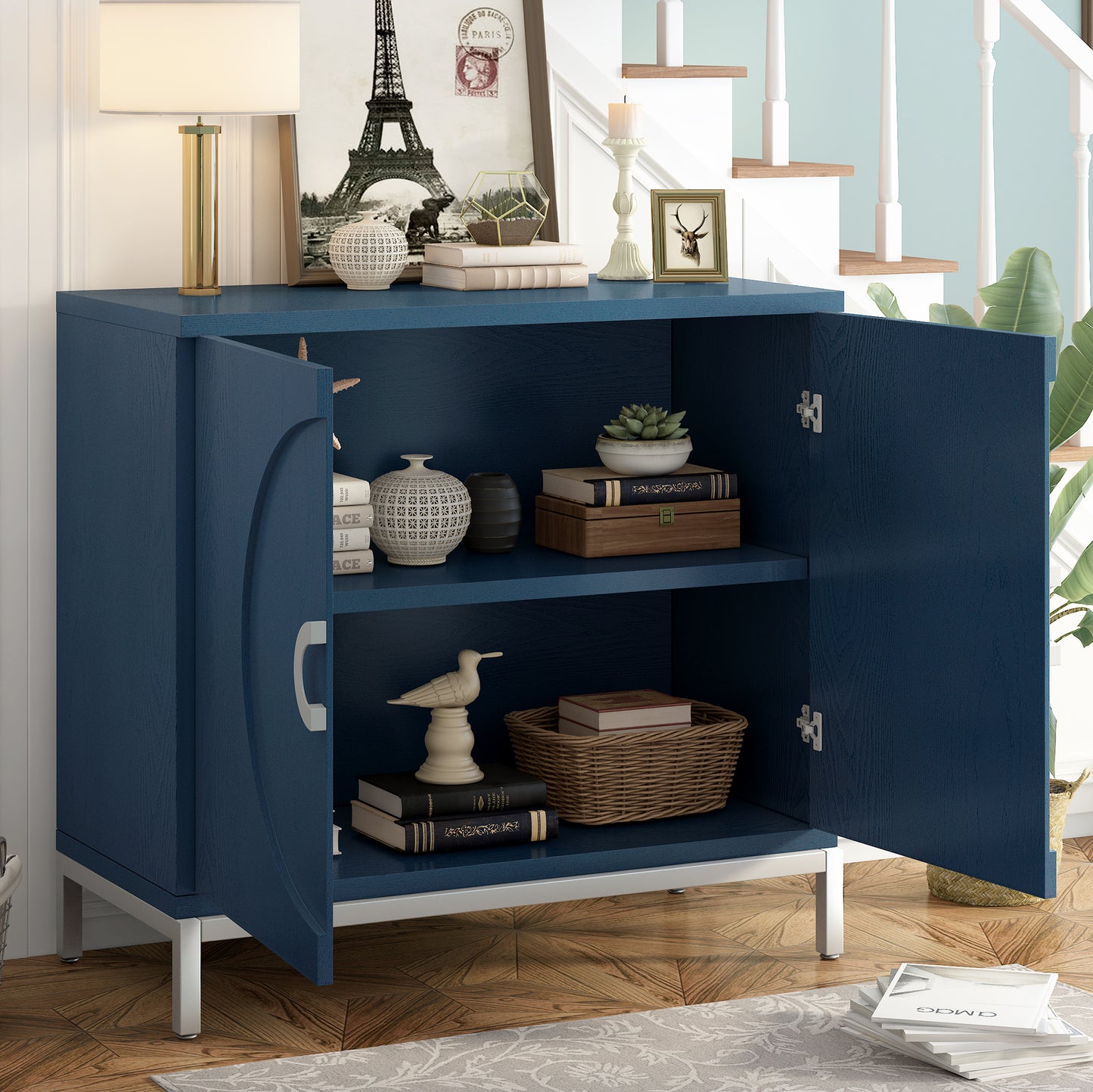 Accent Storage Cabinet with Solid Wood Veneer and Metal Leg (Navy)