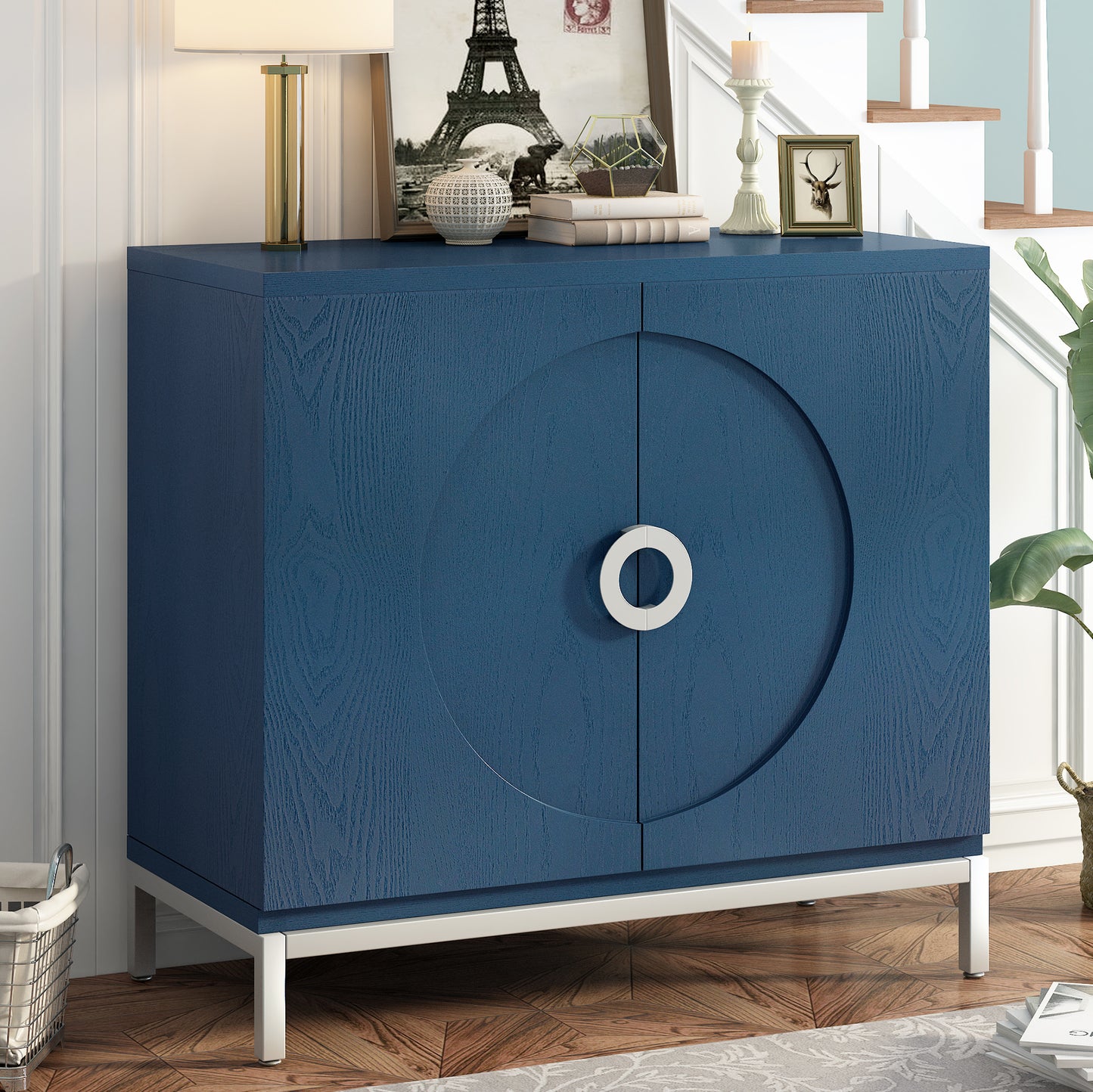 Simple Storage Cabinet Accent Cabinet with Solid Wood Veneer and Metal Leg Frame for Living Room, Entryway, Dining Room (Navy)