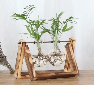 Vintage Creative Hydroponic Plant Transparent Vase Wooden Frame Coffee Shop Room Glass Tabletop Plant Bonsai Decr