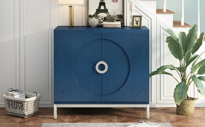 Simple Storage Cabinet Accent Cabinet with Solid Wood Veneer and Metal Leg Frame for Living Room, Entryway, Dining Room (Navy)