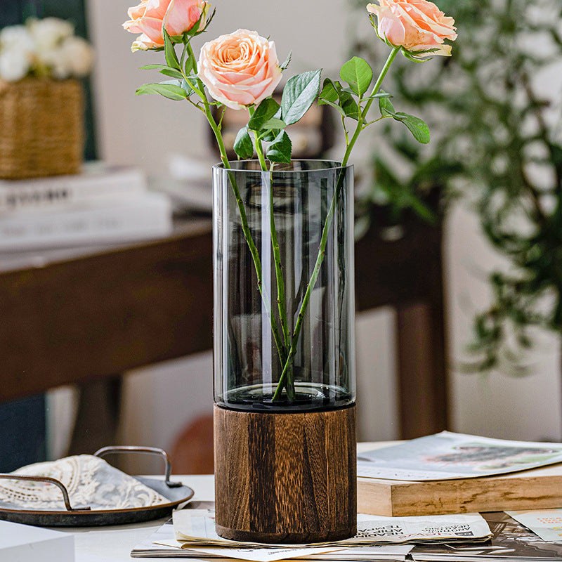 Light Luxury Scandinavian Glass Vase Ornaments Wooden Bracket Base Creative Aquatic Flowers Dining Table Flower Arrangement Decorative Vase