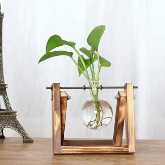 Vintage Creative Hydroponic Plant Transparent Vase Wooden Frame Coffee Shop Room Glass Tabletop Plant Bonsai Decr