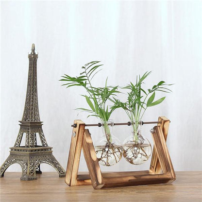 Vintage Creative Hydroponic Plant Transparent Vase Wooden Frame Coffee Shop Room Glass Tabletop Plant Bonsai Decr